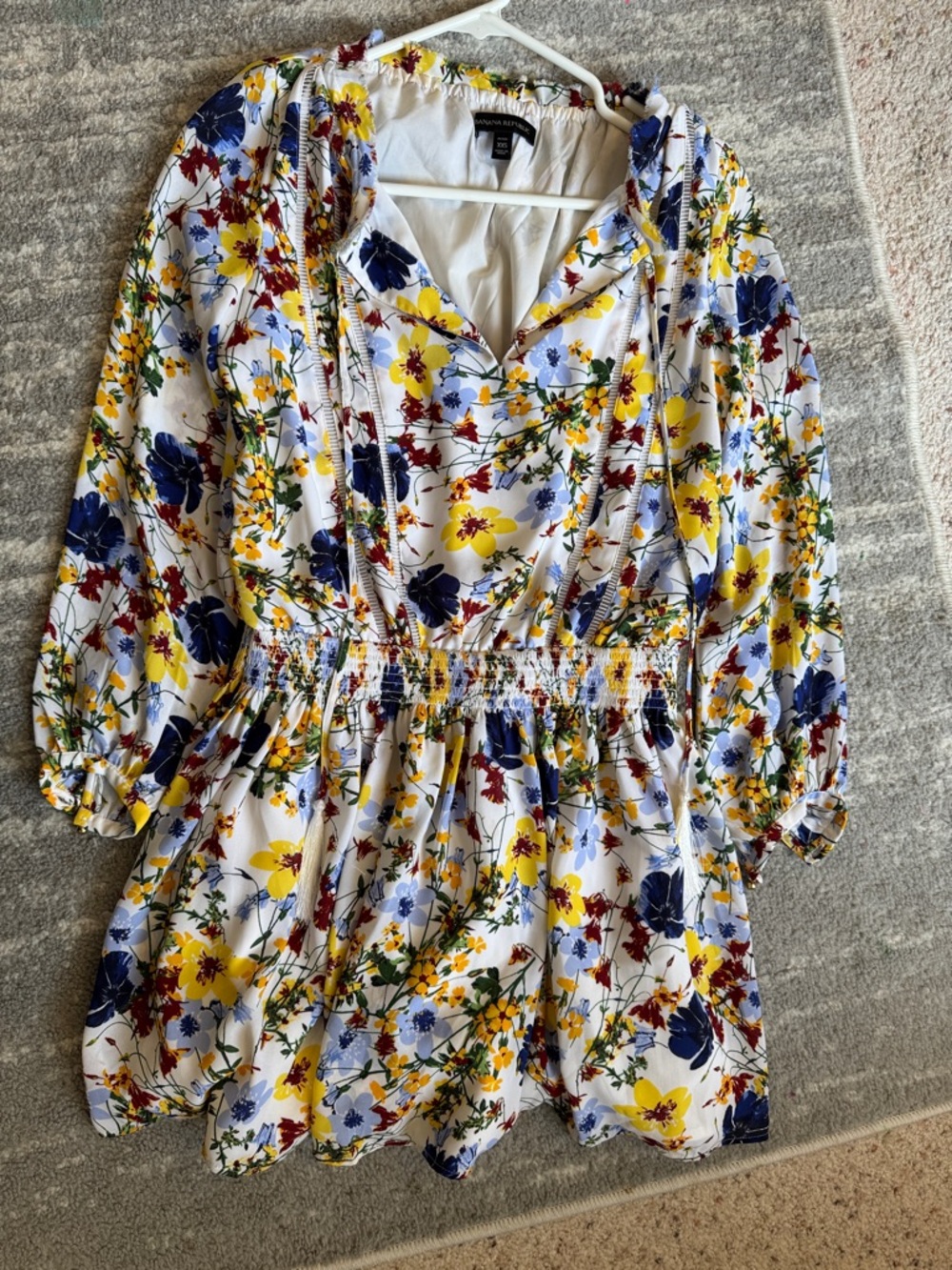 Smocked Waist Floral Mini Dress in White with Yellow, Navy & Burgundy